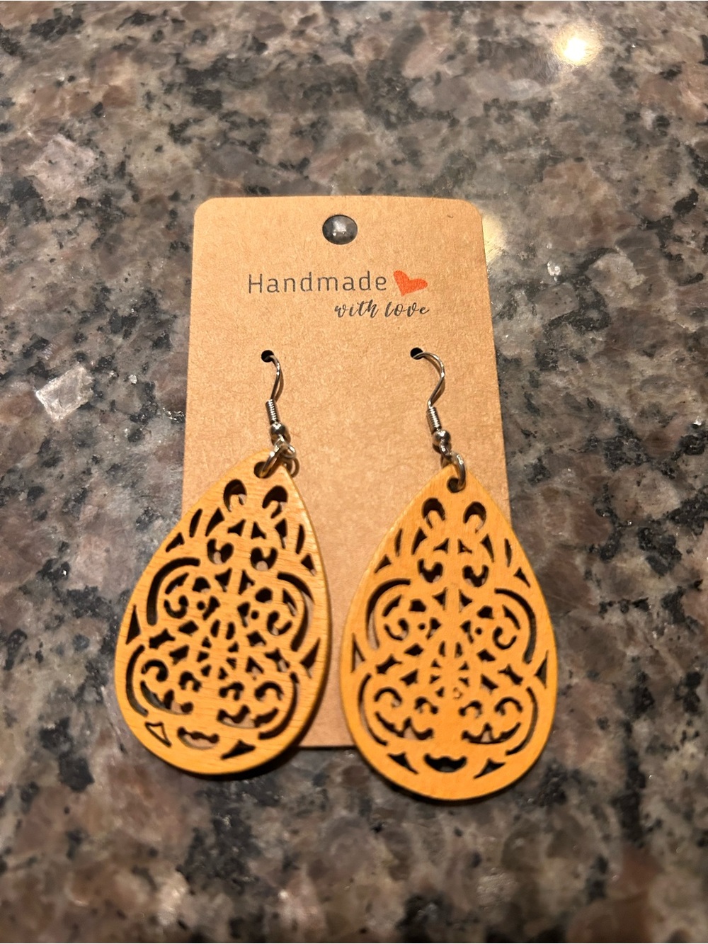 Wooden Mustard Yellow Teardrop Filigree Earrings -